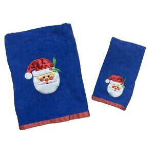 Vintage Christmas Blue Bath Hand Towel Set 2 Piece Santa K-Mart Red Trim Cotton